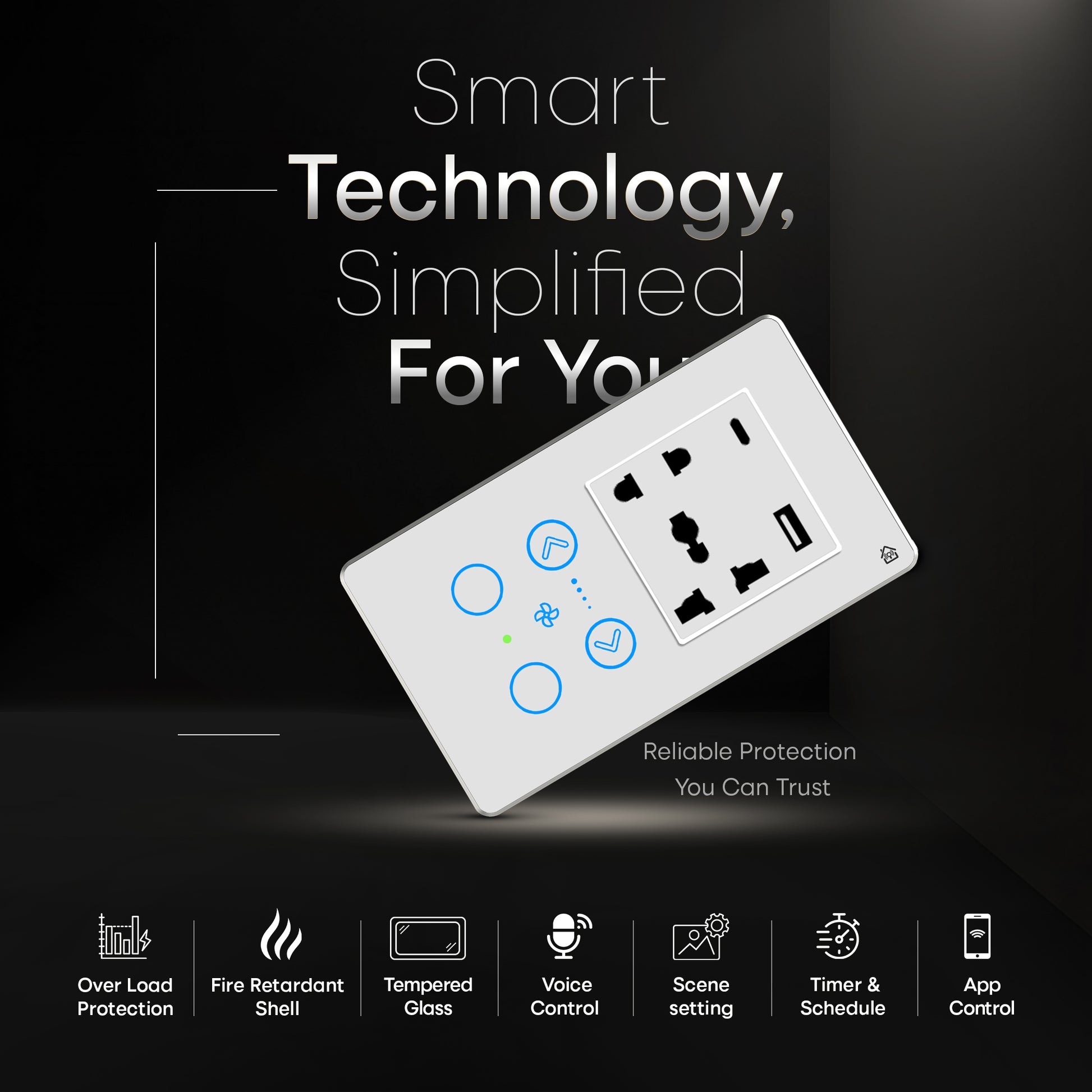 Touch Panel 2 Switch 1 Fan and 1 Socket (White)